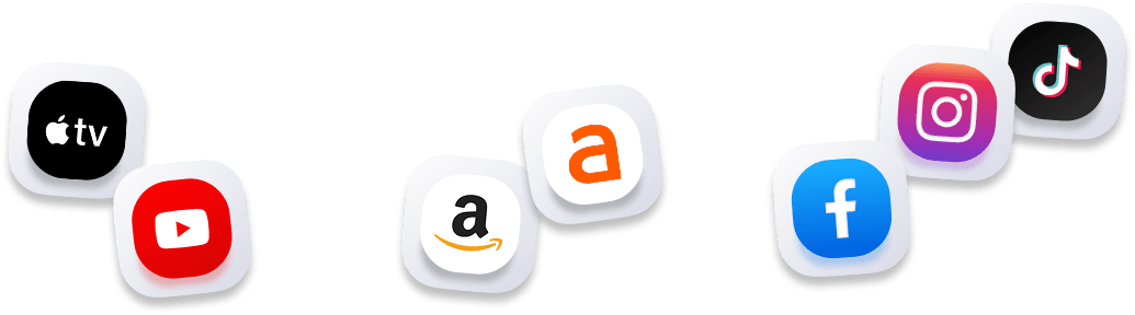 Logos of supported platforms: Apple TV, YouTube, Amazon, Facebook, Instagram, and TikTok