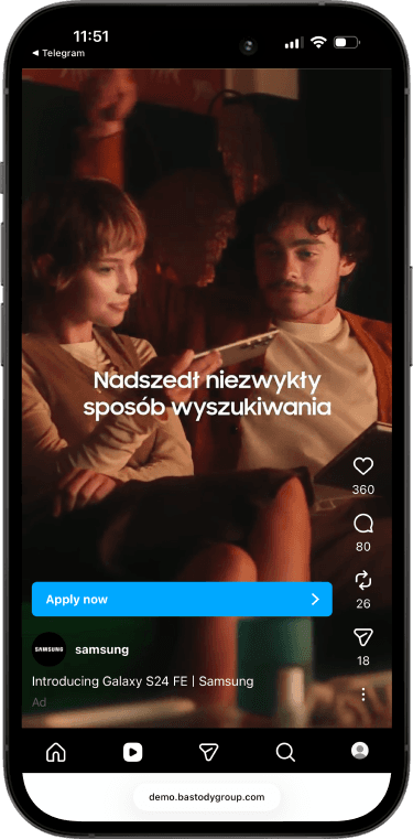 Phone screen showing an in-context video ad mockup blended into a social feed